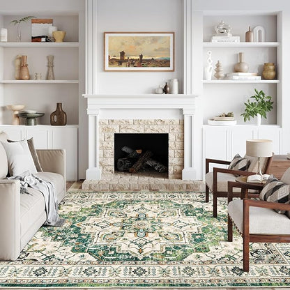 zesthome WashableRug 5x7 Area Rugs,Stain Resistant Rugs for Living Room,Bedroom,Non-Slip Backing Home Decor Rug, Vintage Medallion Pattern Rugs (Green,5'x7')