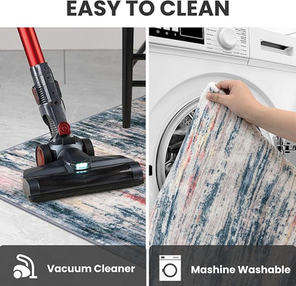 2x3 Modern Abstract Rug for Entryway, Teal Blue Peach Gray Multi Super Soft Small Washable Area Rugs, Non-Slip Low-Pile Mat Carpet for Kitchen, Bedside, Indoor Door Mat