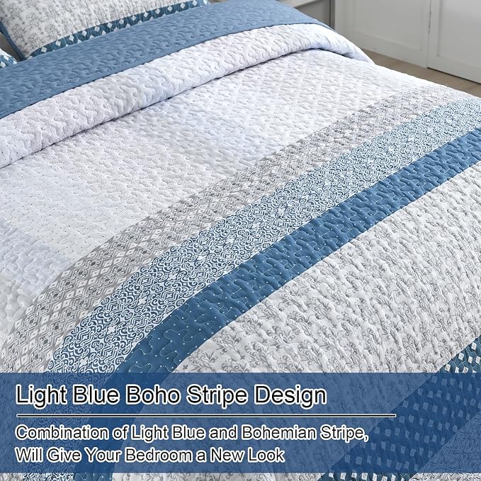 WONGS BEDDING Blue Queen Size Quilt Set, 3-Piece Boho Stripe Bedspread | - Image 5