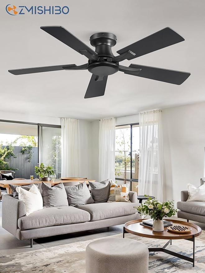 ZMISHIBO 42 Inch Ceiling Fan No Light, Flush Mount Low Profile, Modern Black Ceiling Fan Without Light, Remote Control & Quiet DC Motor, for Indoor&Outdoor, Bedroom, Living Room