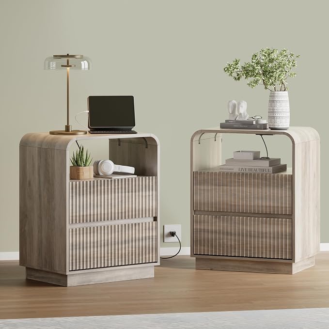 Grey Nightstand with Charging Station, Mid Century Modern Bedside Table & End - Image 3