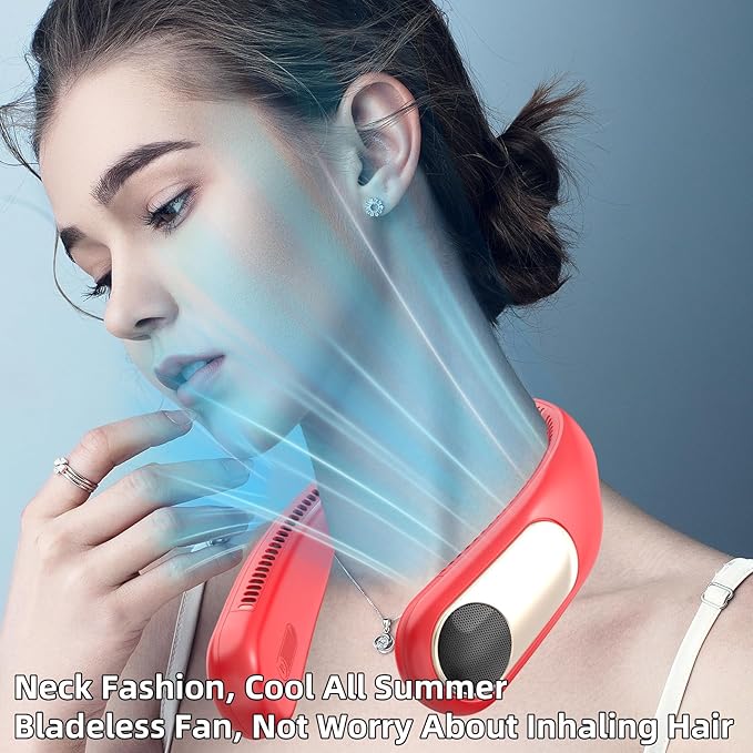 Portable Neck Fan,Personal Wearable Bladeless Fan,LED Display,4-Speeds,6000mAh USB Rechargeable,360° Strong Cooling Wind,Hands Free,White Elephant Gift,Christmas Gifts for Men Women Dad Mom (Red)