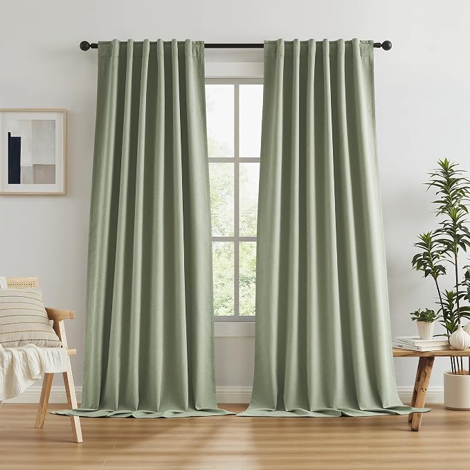 Blackout Linen Curtains 102 Inches Long, Back Tab Loop Pocket Hook Belt Long by KEQIAOSUOCAI