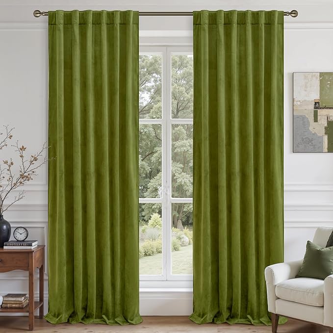LAMIT Velvet Curtains 90 Inch Length for Living Room, Vintage Thermal Insulated Room Darkening Drapes Super Soft Back Tab and Rod Pocket Window Panels for Bedroom, 2 Panels, Moss Green, 52 x 90 Inch