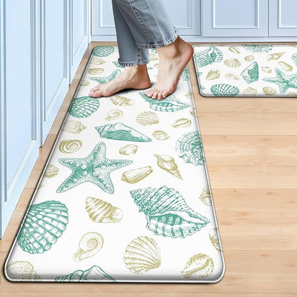 Kitchen Mats for Floor Cushioned Anti Fatigue Sets of 2 Beach Theme Kitchen Rugs Non Slip Waterproof Coastal Foam Kitchen Floor Rug Nautical Seashell Comfort Standing Mat For Sink Laundry, Green
