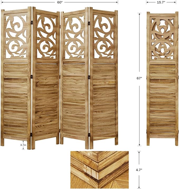 Svimi Folding Room Divider, 5.6Ft 4 Panels Wood Carved Privacy Screens - Image 6