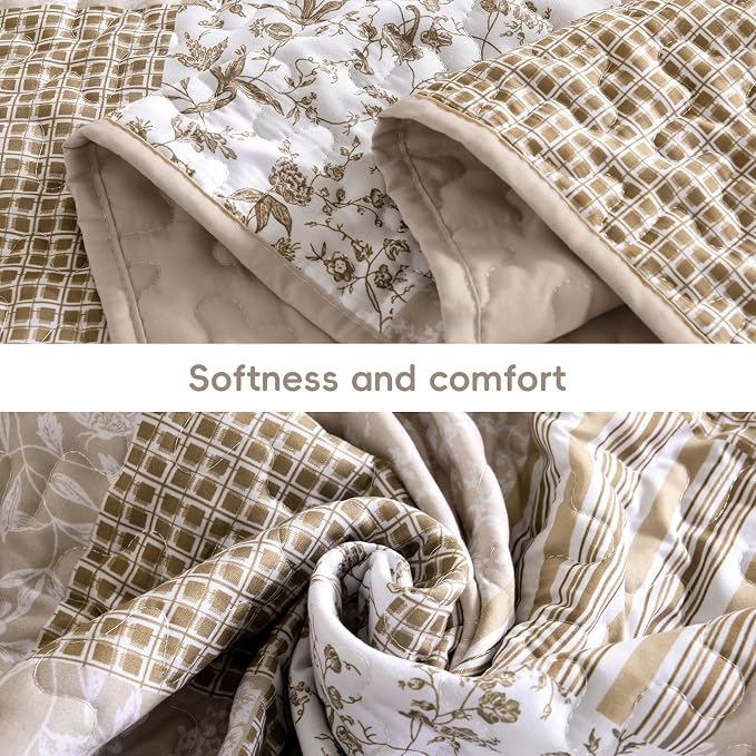 Mybedsoul Beige Boho Quilt Set Cal King Size, 3 Pieces Plaid Floral Bedspread - Image 4