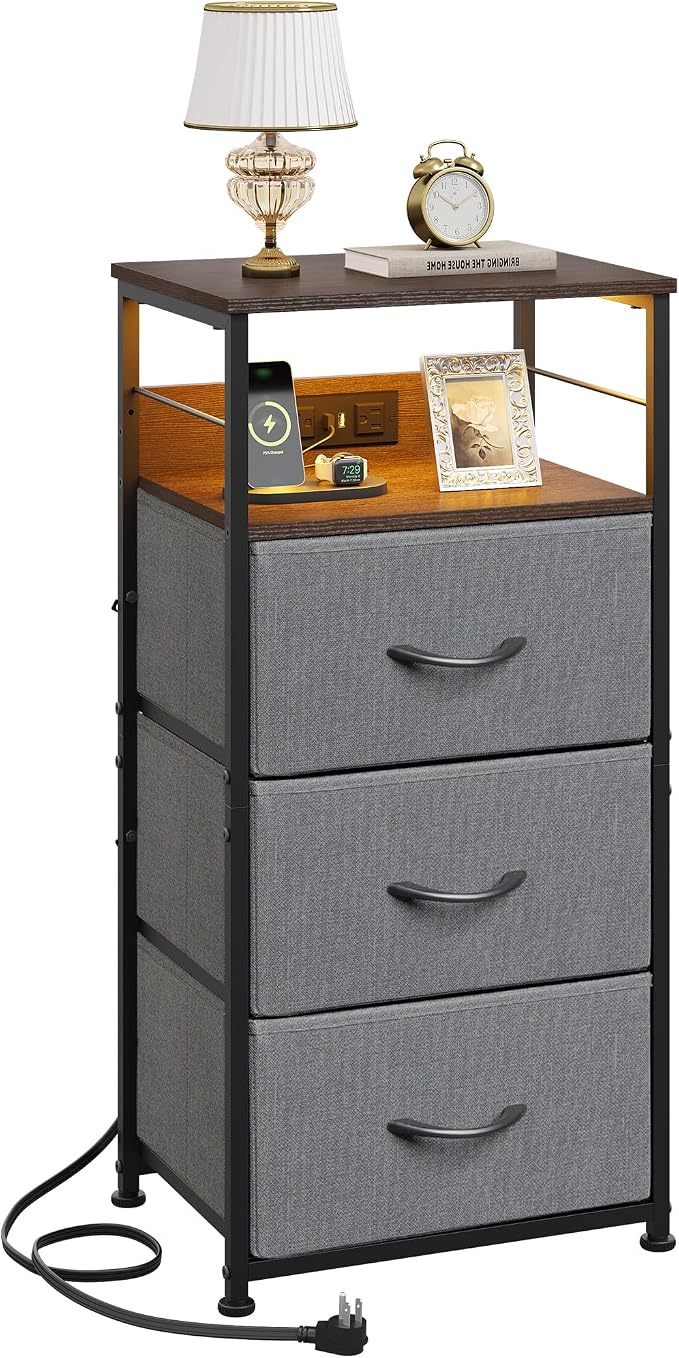 WLIVE Nightstand with Charging Station, 31.9" H Nightstand with 3 Fabric Drawers by WLIVE