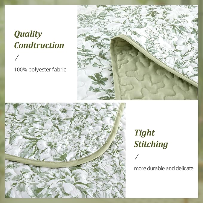 WONGS BEDDING Botanical King Size Quilt, 3 Pieces Bedspread Set, Sage Green | - Image 4