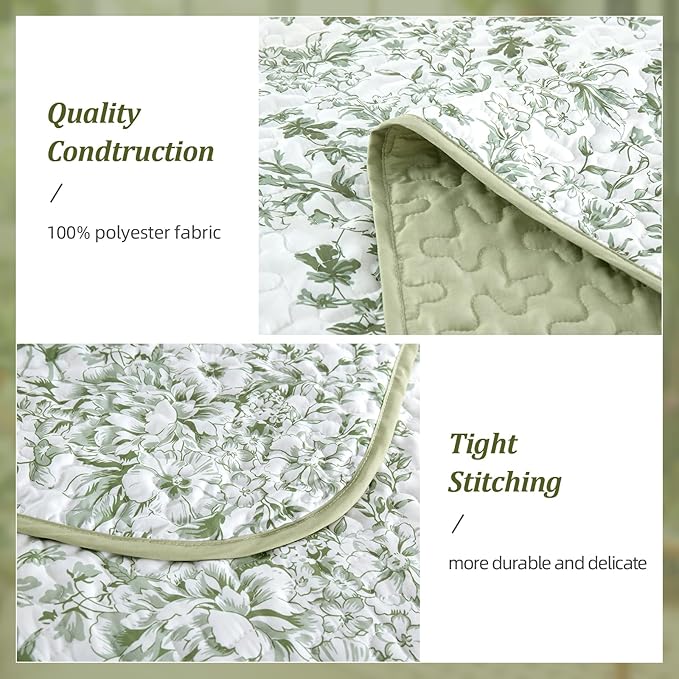 WONGS BEDDING Botanical Queen Size Quilt, 3 Pieces Bedspread Set, Sage Green | - Image 4