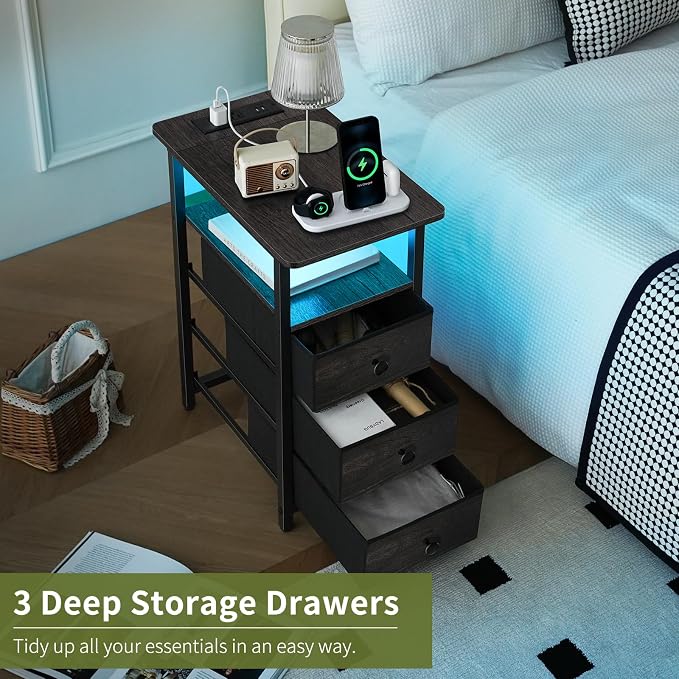 Yoobure End Table with Charging Station, LED Narrow Side Table Bedside Table - Image 6