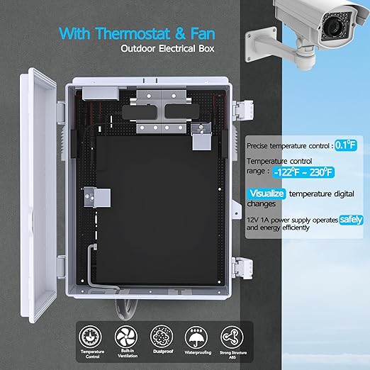 Akwscyby Outdoor Electrical Box, Waterproof Electrical Junction Box IP65 ABS Plastic Enclosure with Fan & Thermostat, Mounting Plate and Hinged Lid (15.7" H x 11" L x 5.9" W)
