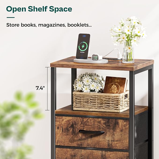 Huuger Nightstand with Charging Station, Side Table with Fabric Drawers | End - Image 8
