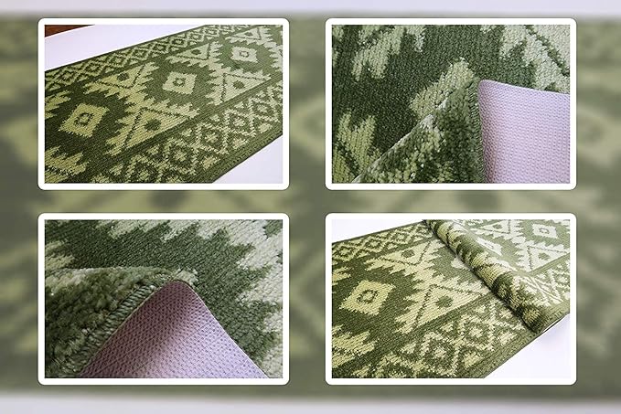 Custom Length Hallway Runner Rug,Slip Resistant,Southwestern Green, 26 Inch X 14 feet, Sold and Priced Per Foot