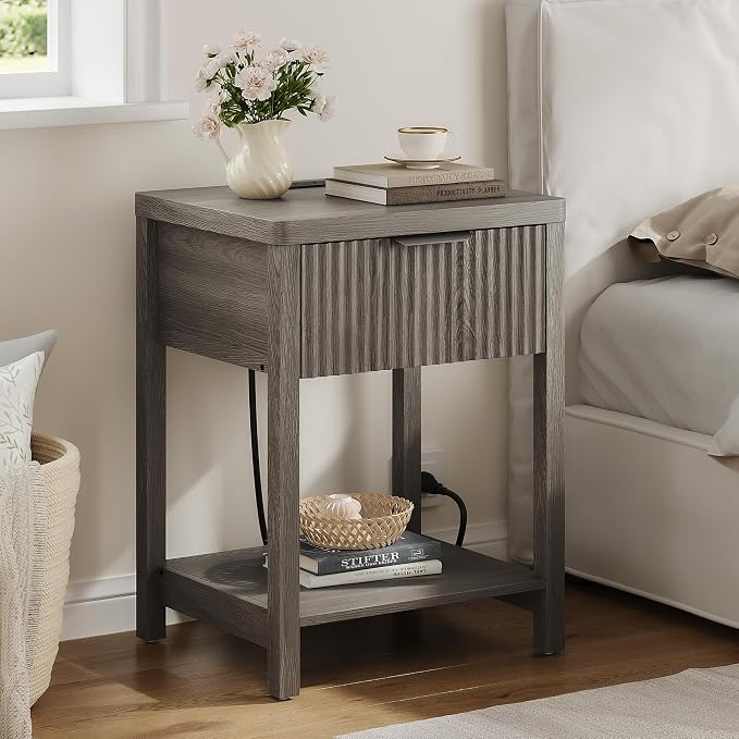 Night Stand Set 1, Fluted Wood Bedside Table w/Socket Station - Image 2