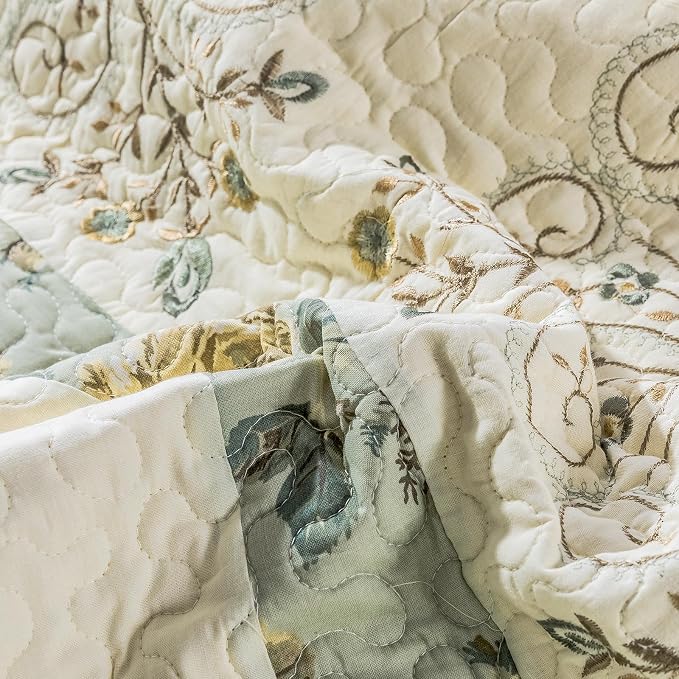 ROOMLIFE Quilt Set Queen Size 3D Floral Embroidery Pattern 3-Piece Cotton | - Image 5