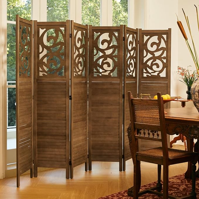 Svimi Folding Room Divider, 5.6Ft 6 Panels Wood Carved Privacy Screens - Image 8
