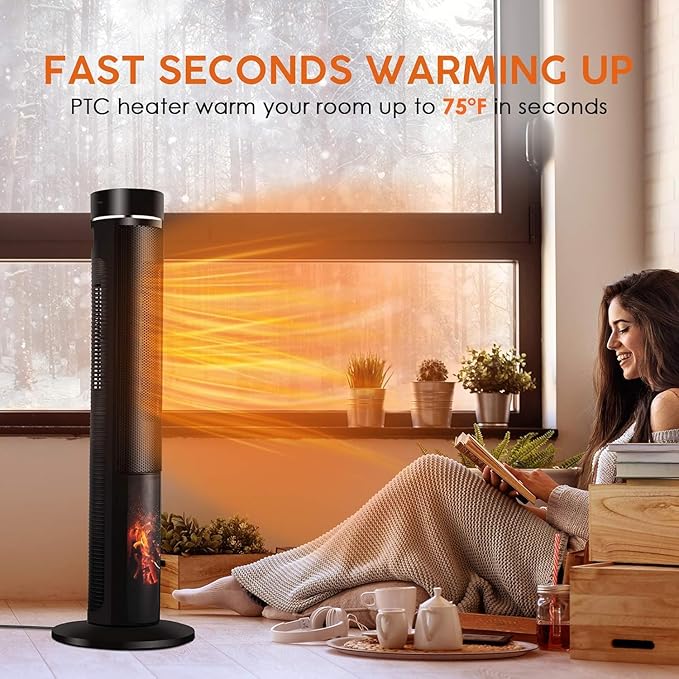 Air Choice 36" Tower Space Heater for Large Room, 1500W PTC Electric Fireplace Heater, Adjustable Thermostat, 4 Modes, 3D Flame,12H Timer, Oscillation, Remote, Heater for Indoor Use, Bedroom, Office