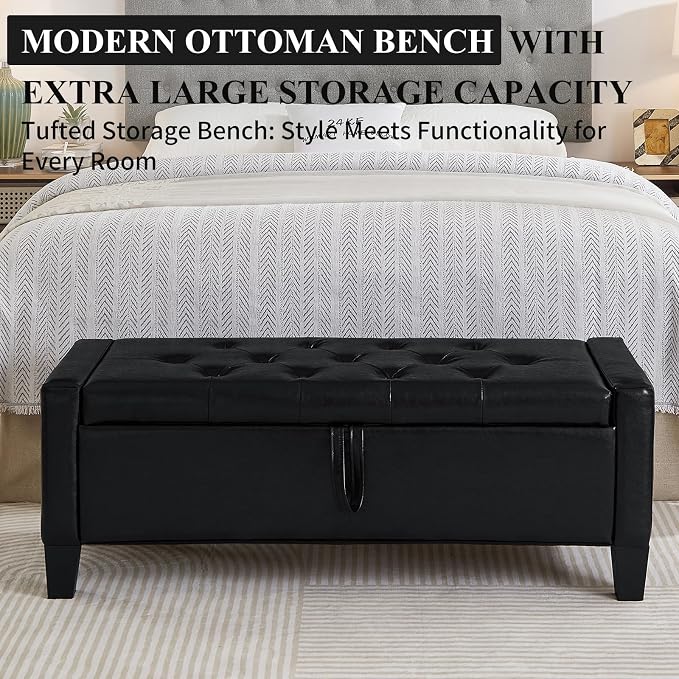 Modern Storage Ottoman Bench, PU Leather Upholstered End of Bed Bench - Image 3