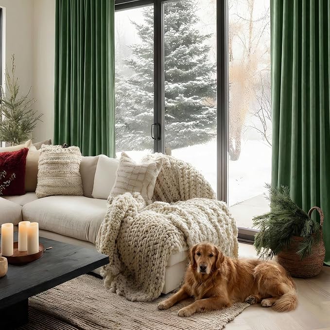 Extra Long Green Velvet Curtains 102 Inches Soft Drapes Floor to Ceiling | Room - Image 3
