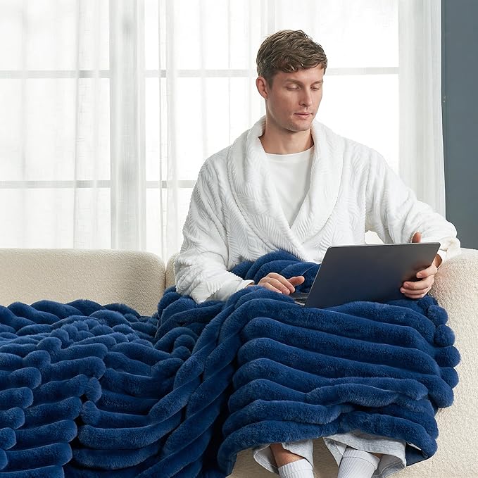 Cozy Bliss Faux Fur Throw Blanket for Couch, Cozy Warm Plush Striped Blanket for Sofa Bedroom Living Room, 60 * 80 Inches Navy Blue