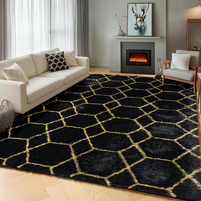 5x7 Area Rugs for Living Room Bedroom, Fluffy Black and Gold Faux Fur Rug by ONASAR