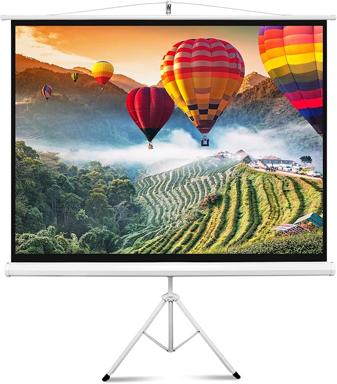 Projector Screen 84" with Floor Standing Portable Fold-Out Roll-Up Tripod Manual, Mobile Movie Screen, Home Theater Cinema Wedding Party Office Presentation, Quick Assembly
