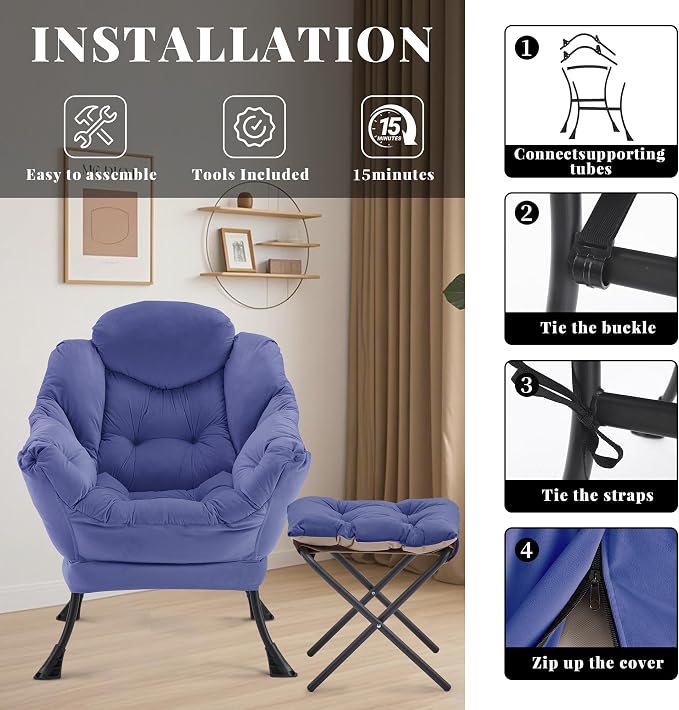 Lazy Chair with Ottoman, Comfy Reading Chair, Dark Blue | Cushioned Seat with - Image 9
