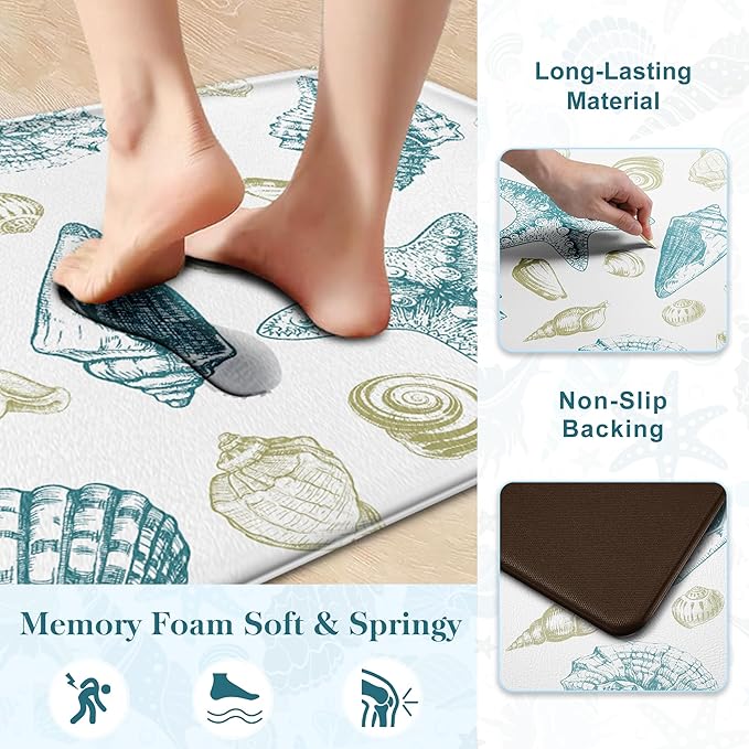 Kitchen Mats for Floor Cushioned Anti Fatigue Sets of 2 Beach Theme Kitchen Rugs Non Slip Waterproof Coastal Foam Kitchen Floor Rug Nautical Seashell Comfort Standing Mat for Sink Laundry, Teal