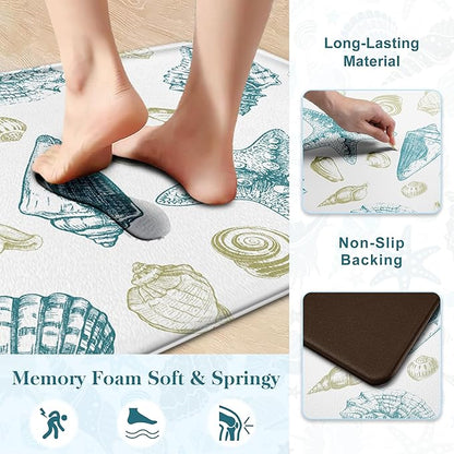 Kitchen Mats for Floor Cushioned Anti Fatigue Sets of 2 Beach Theme Kitchen Rugs Non Slip Waterproof Coastal Foam Kitchen Floor Rug Nautical Seashell Comfort Standing Mat for Sink Laundry, Teal