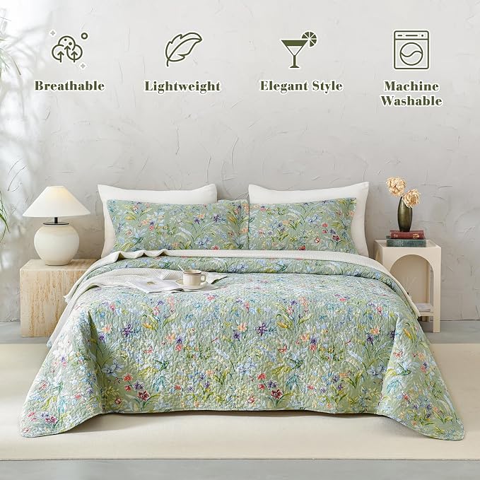 QSH 100% Cotton Quilt King Size Bedding Set 3Pcs Green Floral Quilt Set Summer - Image 2