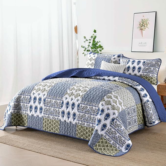 Mybedsoul Aqua Blue Quilt Set King Size, 3 Pieces Boho Plaid Bedspread Set | - Image 2