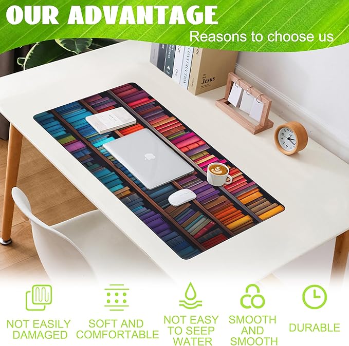 Eflxamz Large Gaming Mouse Pad for Desk,Bookshelves Full of Books Desk Mat,Colorful Books Desk Pad,Extended Big Computer Keyboard Mouse Pad with Non-Slip Base and Stitched Edge,35.4"x15.7"