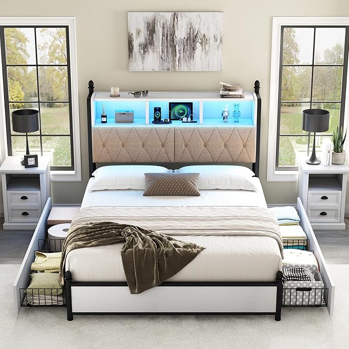 AMERLIFE Full Size Bed Frame with Bookcase Headboard and 4 Storage Drawers, Wooden Platform Bed with Charging Station and LED Light, No Box Spring Needed/Noise-Free, White