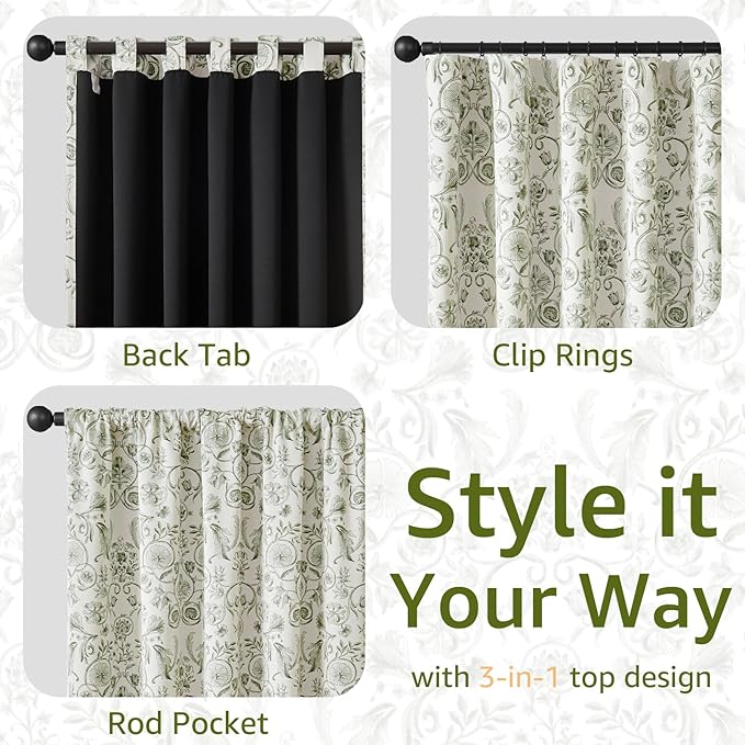 jinchan Green Floral Blackout Curtains 63 Inch Farmhouse Back Tab 2 Panels | - Image 7
