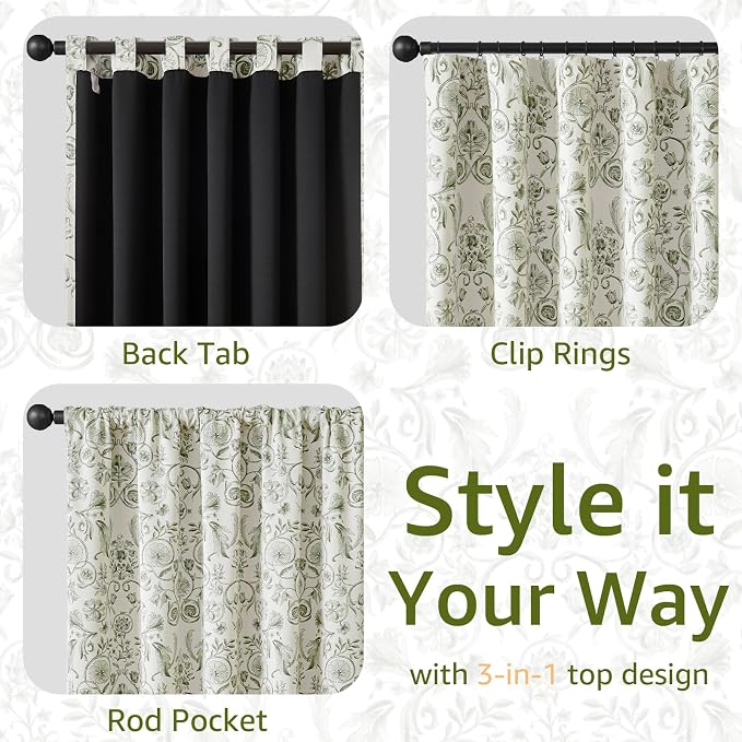 jinchan Green Floral Blackout Curtains 84 Inch Farmhouse Back Tab 2 Panels | - Image 7
