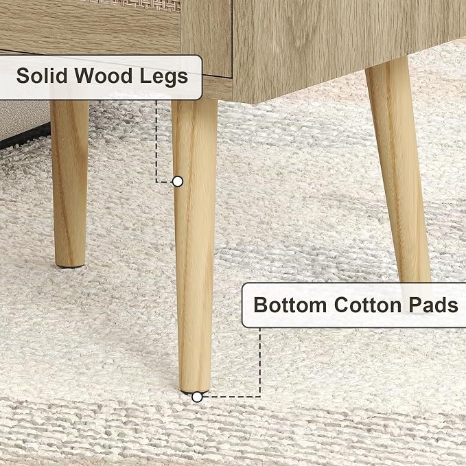 MECHYIN Night Stand with Charging Station & Rattan Decor Drawer, Boho Bedside - Image 9