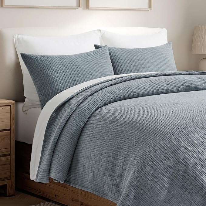 EVERGRACEHOME Cotton Gauze Matelassé Coverlet, King Size, Dusty Blue | Ultra - Image 3
