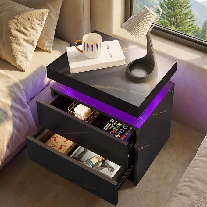 LED Nightstand with Wood 2 Drawers Modern Bedside Table - Image 4