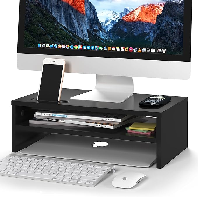 BONTEC Wooden Monitor Stand Riser, 2-Tier Desk Shelf with Storage Organizer, Ergonomic Computer Stand with Cable Management, Cellphone Holder, Black, 16.5 Inch