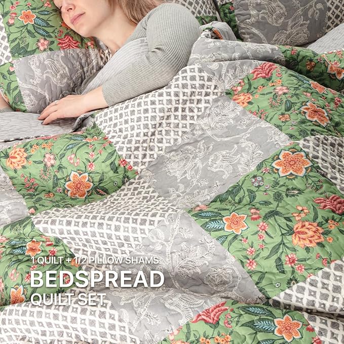 Quilt Set King Size Floral Patchwork Quilted, Soft Comforter Set Bedding Sets - Image 5