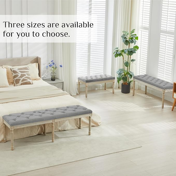 LOULENS 43.9" Linen End of Bed Bench, Vintage Bedroom Bench, Light Grey | French - Image 6