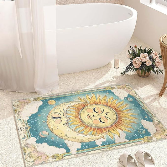 2x3 Sun and Moon Entryway Area Rug Blue Yellow Hippie Celestial Bathroom Rug Non-Slip Machine Washable Low Pile Small Carpet Kitchen Bedroom Door Mat Entrance