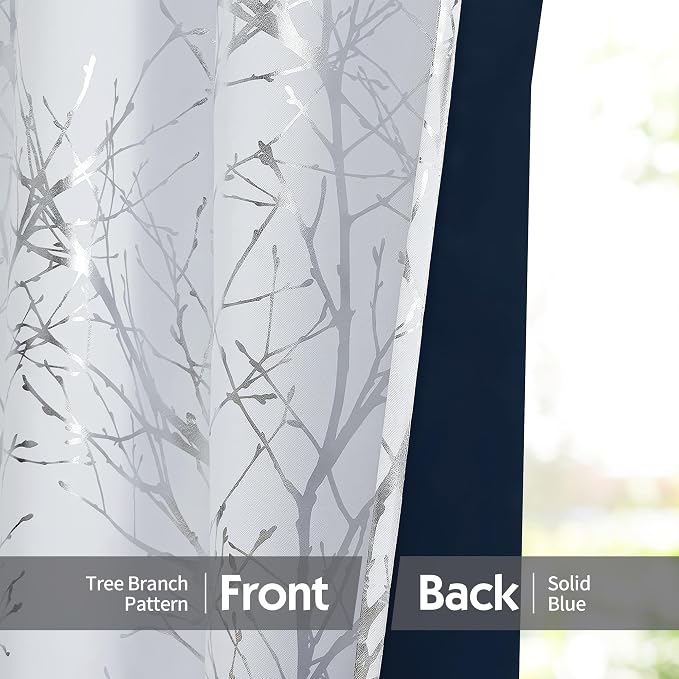 FMFUNCTEX 100% Blackout Ivory Silver Foil Tree Curtains 63 Inch 2 Panels | - Image 7