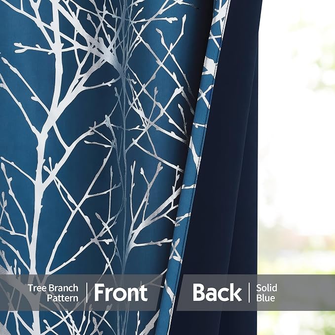 FMFUNCTEX 100% Blackout Navy Silver Foil Tree Curtains 96 Inch 2 Panels | - Image 6