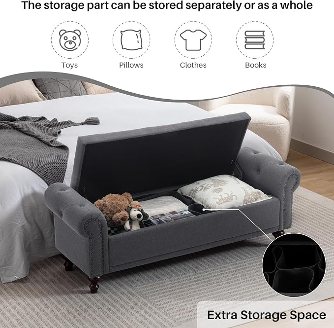 SOFTHION 58.1" Storage Bench for Bedroom, Linen Upholstered - Image 3