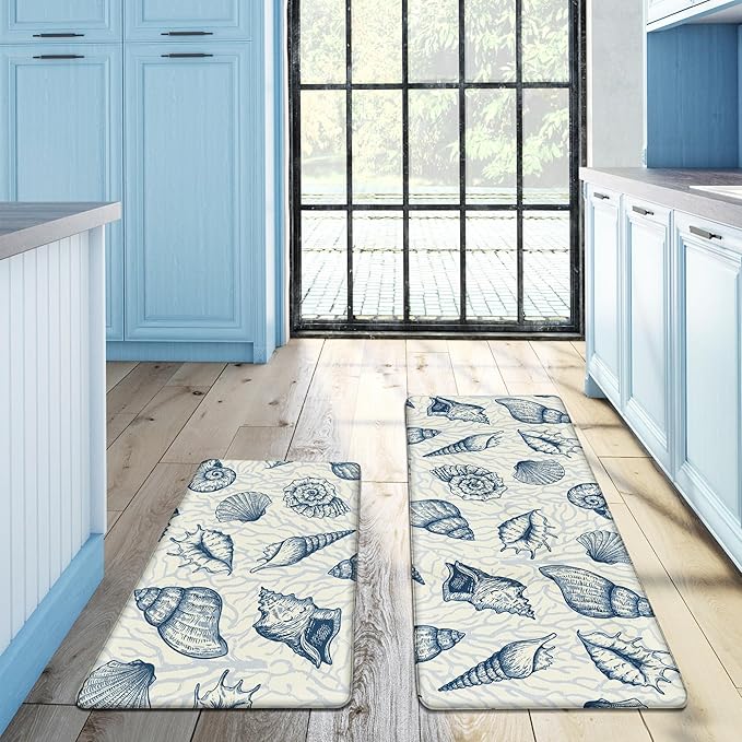 Kitchen Mats for Floor Cushioned Anti Fatigue Sets of 2 Beach Theme Kitchen Rugs Non Slip Waterproof Coastal Foam Kitchen Floor Rug Nautical Coral Seashell Comfort Standing Mat for Sink Laundry, Navy