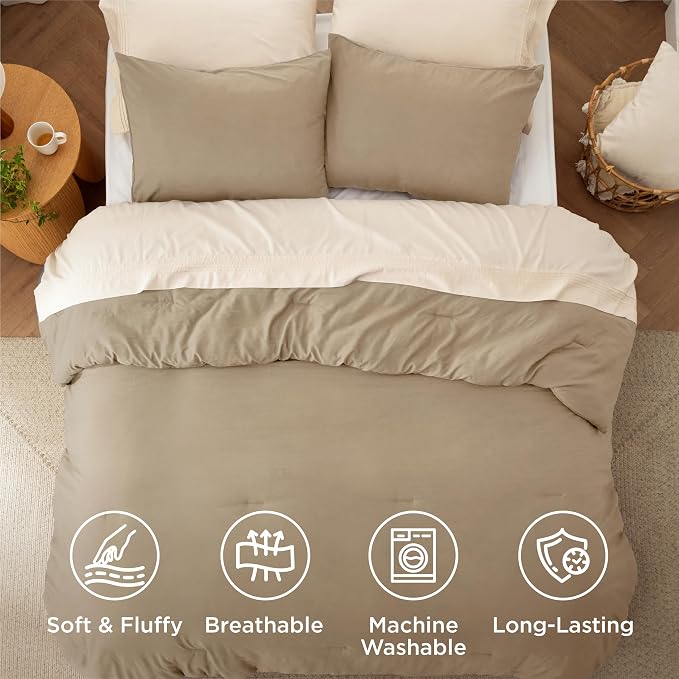 Bedsure Oversized Queen Comforter Set, Khaki Soft Prewashed Bedding - Image 4