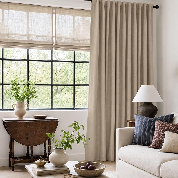 Linen Textured Blackout Sliding Door Curtains 90 Inch Long Burlywood Birch | - Image 6