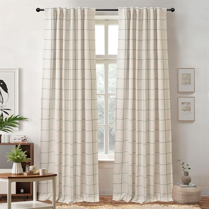 DriftAway 100% Blackout Plaid Linen Curtains W52xL96 Loden Green | 100% Blackout by DriftAway